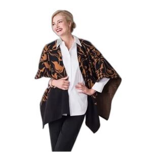 Ming Wang Poncho/Sweater/Cape/Shawl Women's One Size Black & Brown Floral Print
